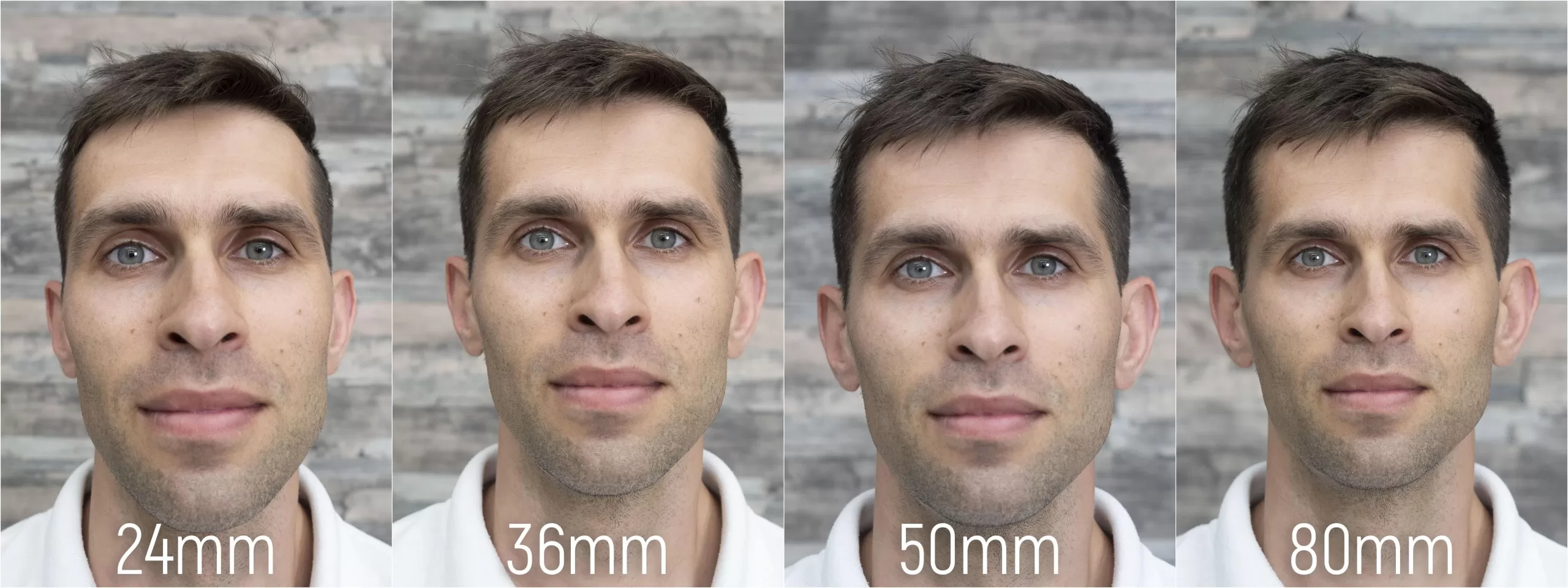 Focal length comparison showing face shape changes