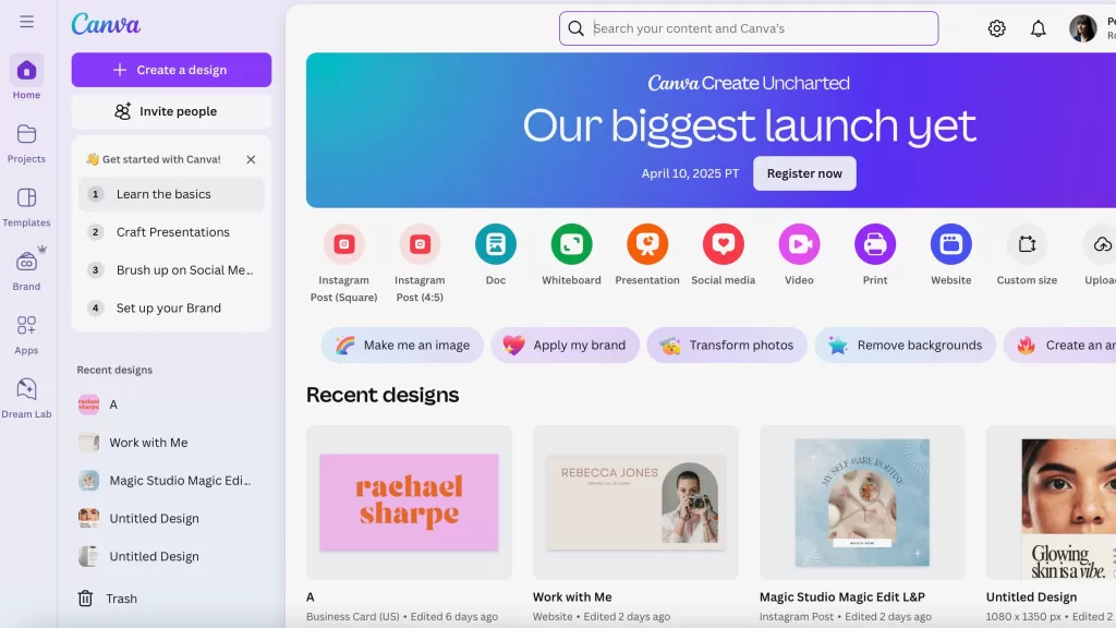 Canva graphic design templates dashboard