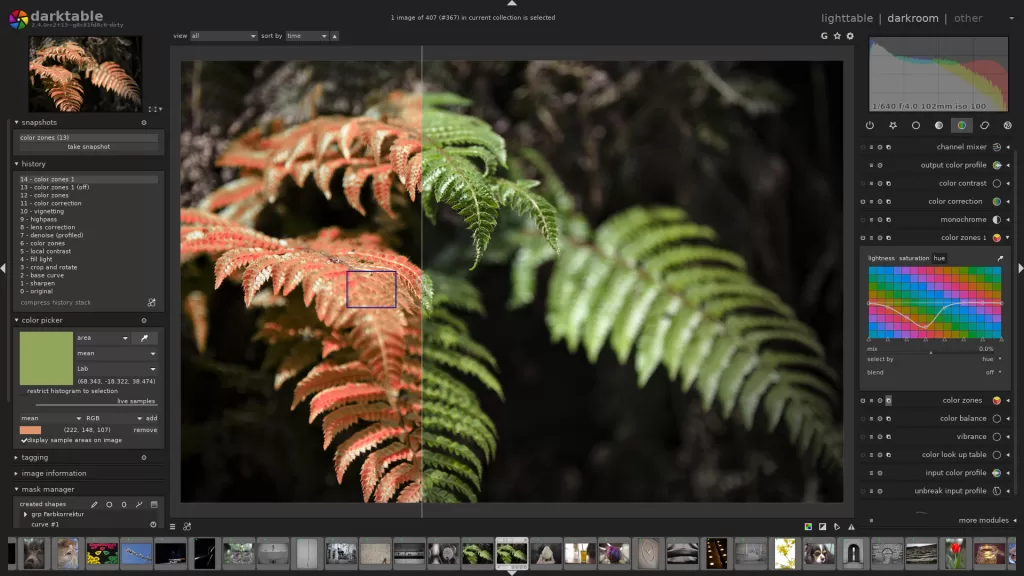 Darktable open-source RAW photo editing interface 