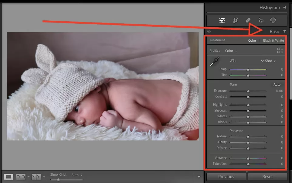 Adobe Lightroom develop panel showing exposure and white balance sliders.