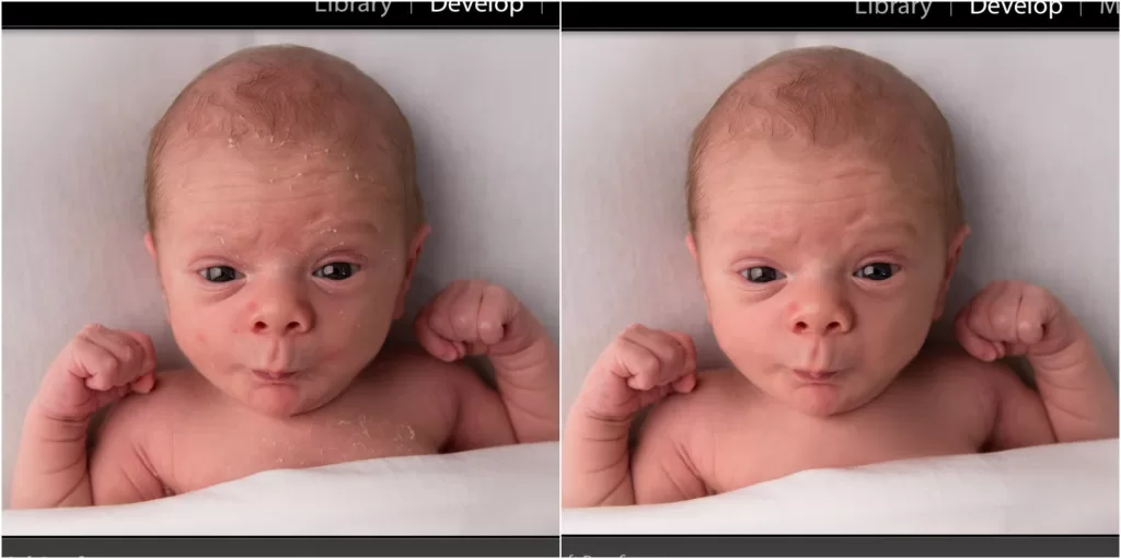 Newborn session posing pod cleanup showing before and after editing