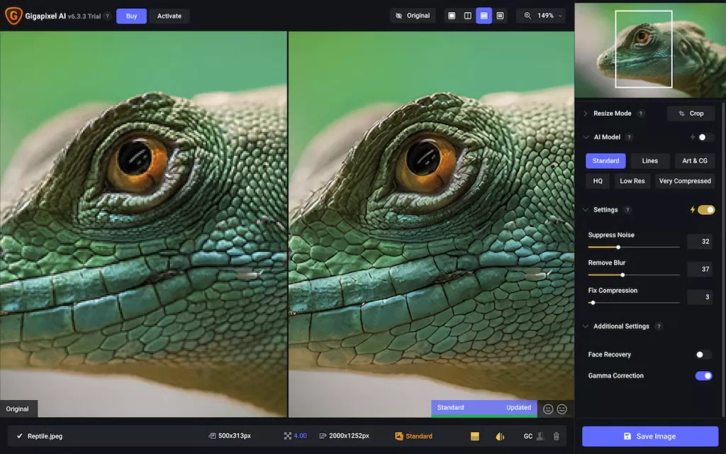 Topaz Gigapixel AI desktop interface with model selection panel