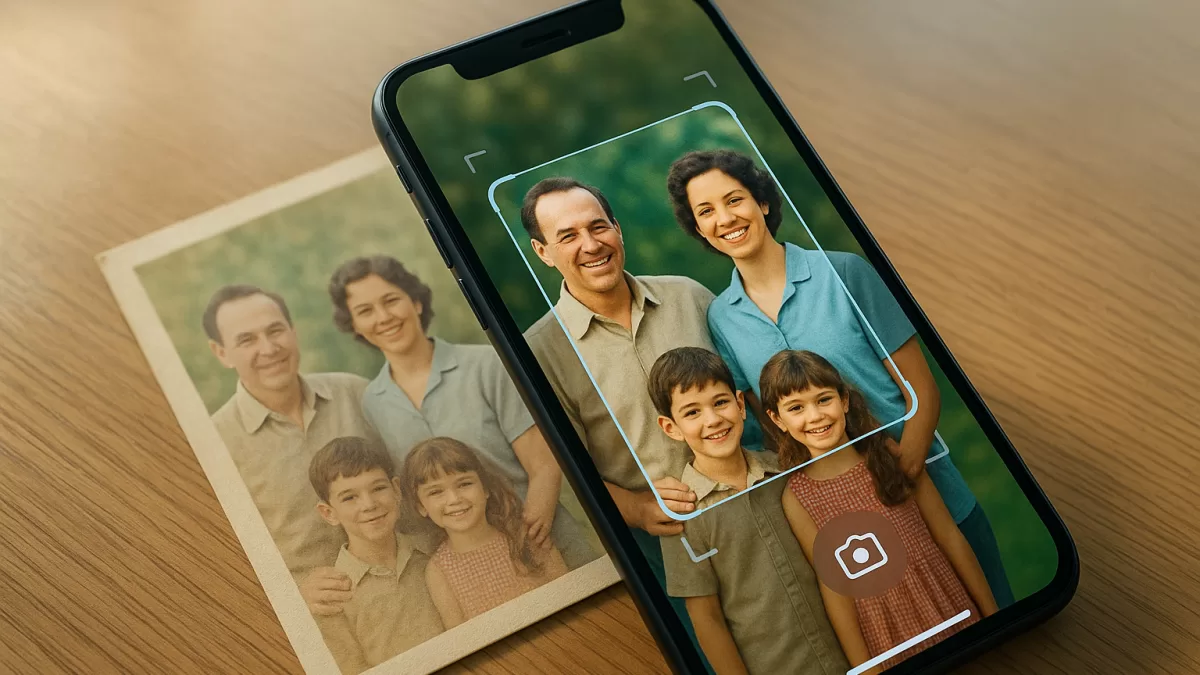 Person scanning an old family photo with a smartphone