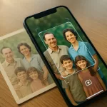 Person scanning an old family photo with a smartphone