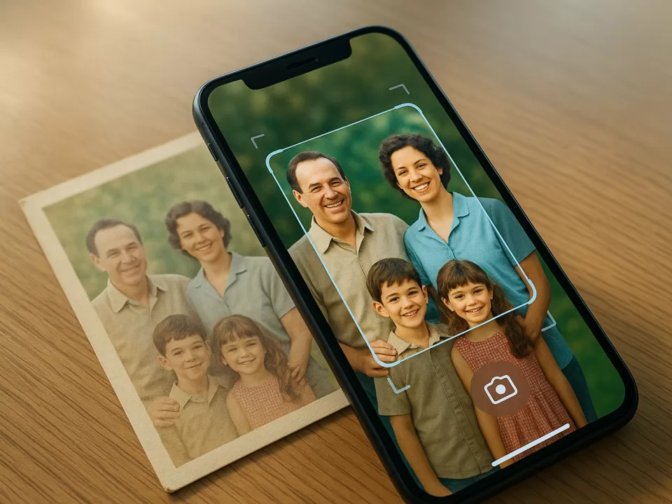 Person scanning an old family photo with a smartphone