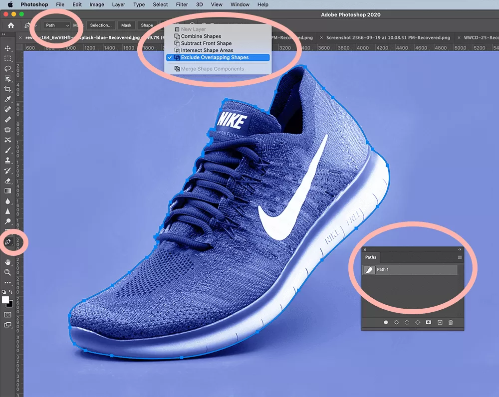 Pen Tool drawing a clipping path around a shoe