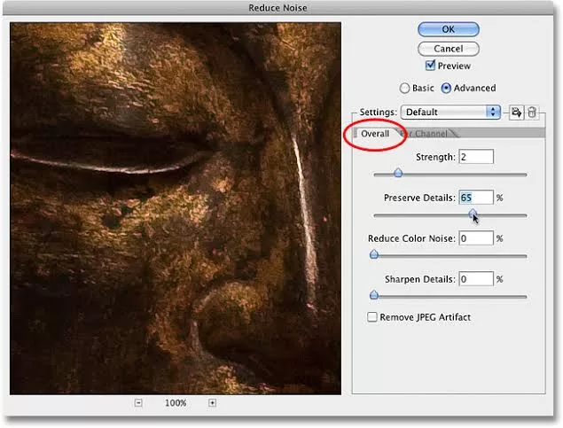 Photoshop Reduce Noise filter dialog with sliders visible