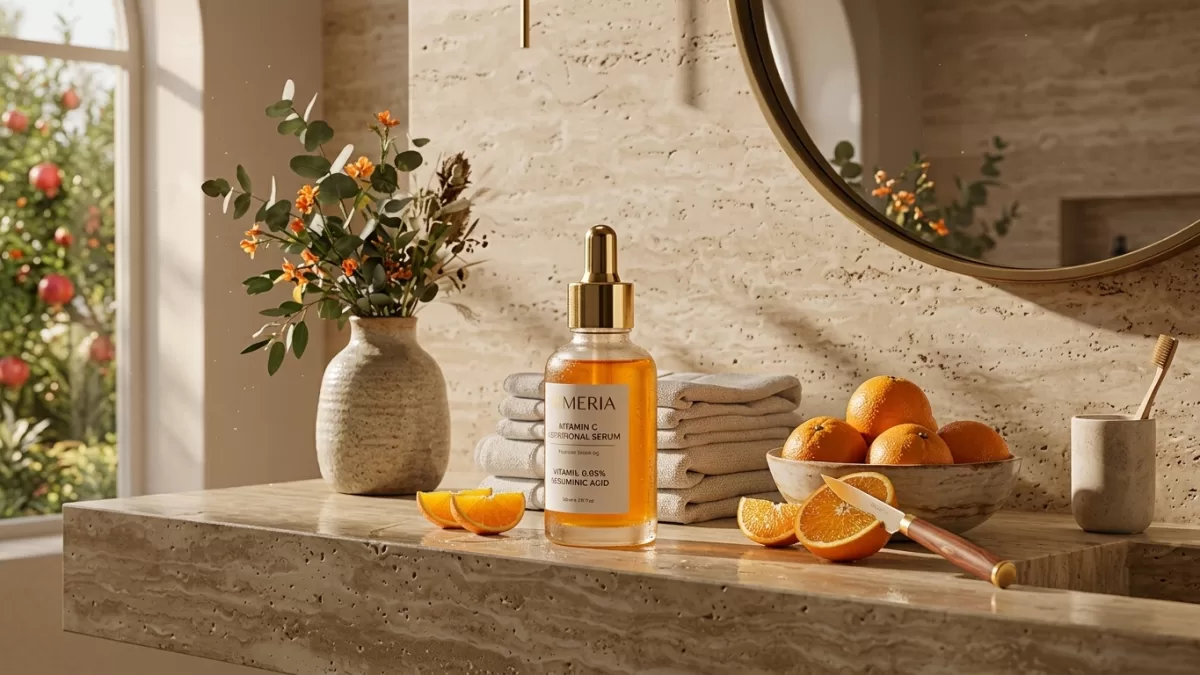 AI-generated lifestyle product photo of a skincare bottle on a styled bathroom surface