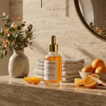 AI-generated lifestyle product photo of a skincare bottle on a styled bathroom surface