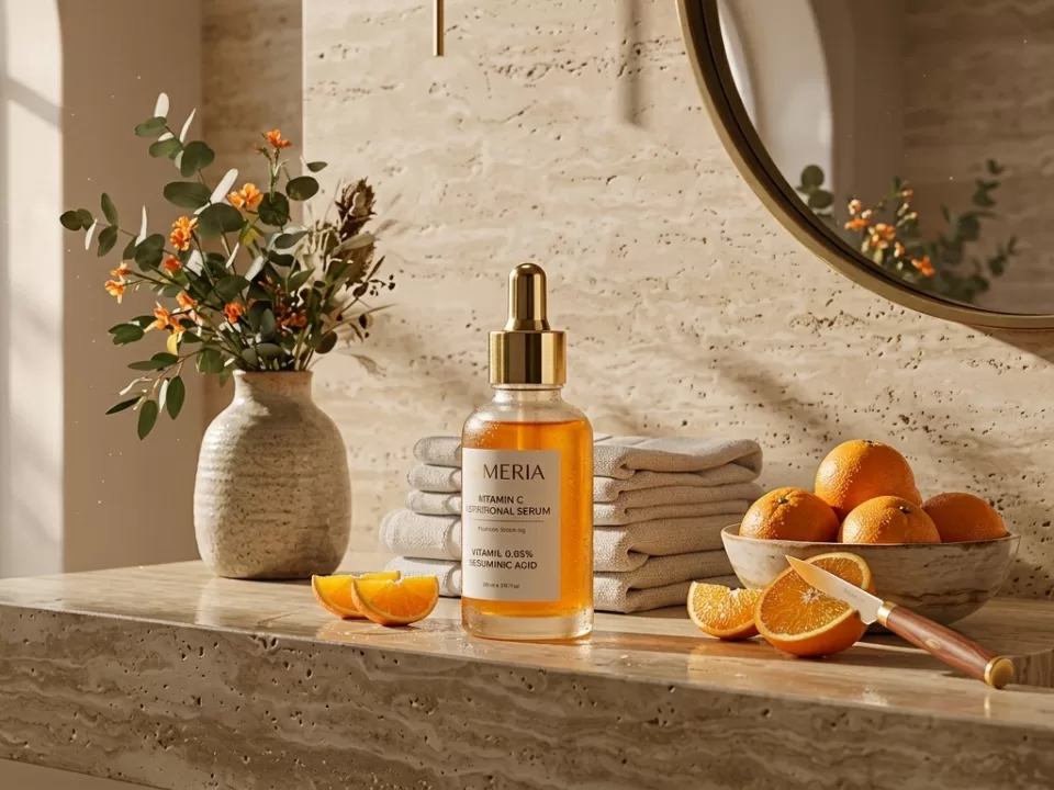 AI-generated lifestyle product photo of a skincare bottle on a styled bathroom surface