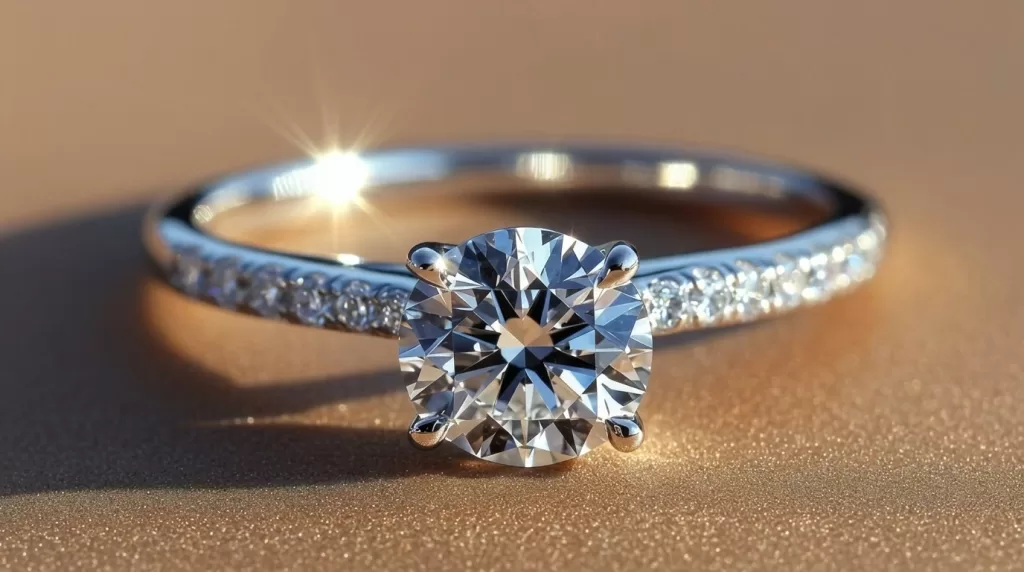 Closeup of a sparkling diamond ring photographed with soft natural light