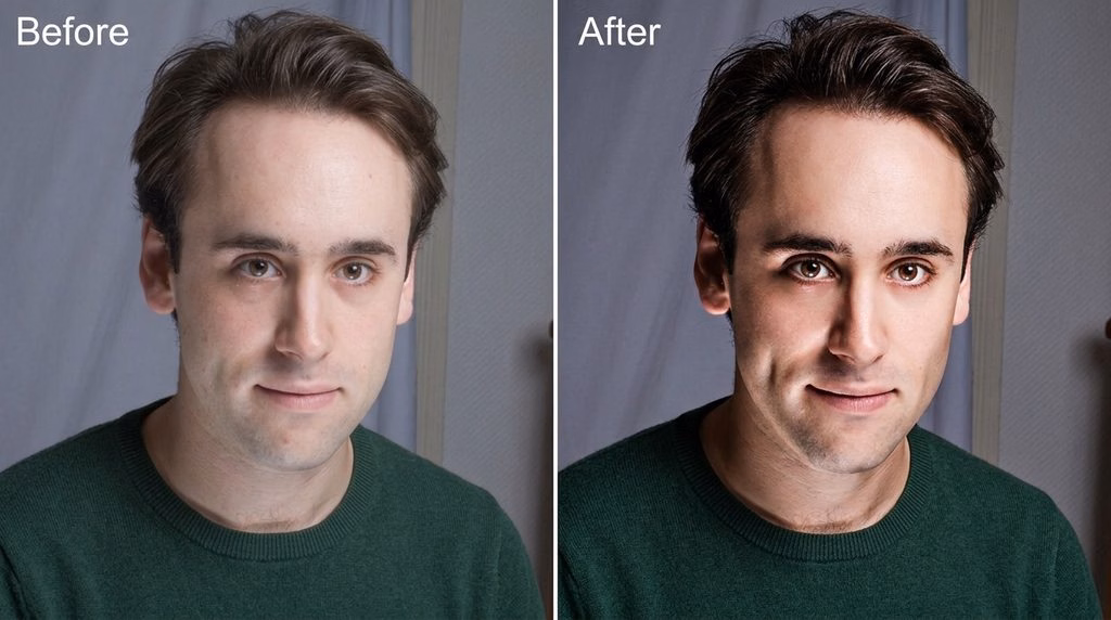 Dodge and burn skin retouching before and after