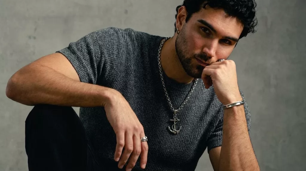 Editorial AI-generated jewelry photography of a necklace worn on a model