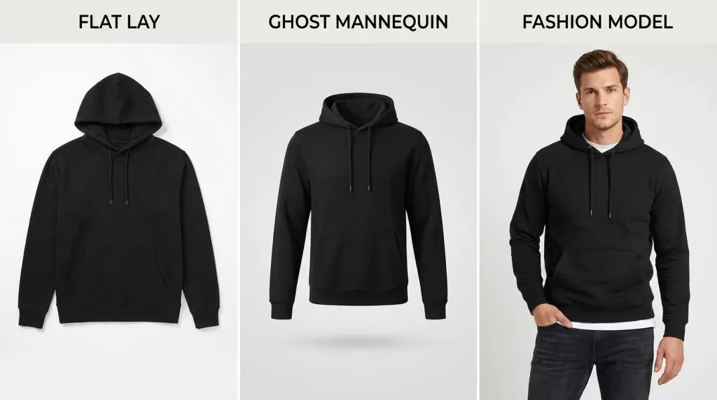 Ghost mannequin vs flat lay vs on-model apparel photography comparison