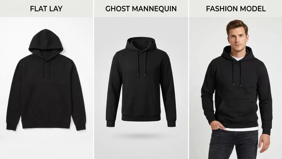 Ghost mannequin vs flat lay vs on-model apparel photography comparison