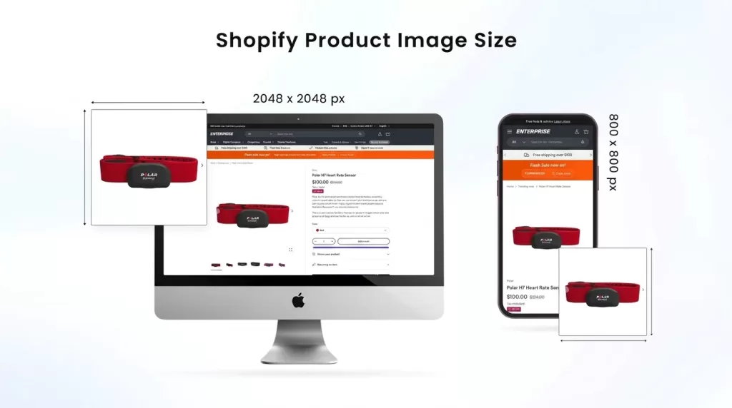 Product image dimensions for a Shopify store shown on desktop and mobile