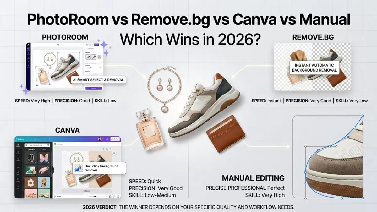 Remove.bg vs PhotoRoom vs Canva vs Manual Editing: The Honest 2026 Comparison