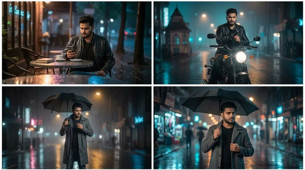 Cinematic rain-soaked neon night portrait created with a Gemini AI prompt