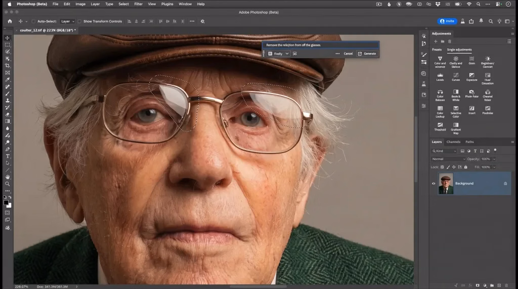 Firefly Image Model 5 in Photoshop removing reflection