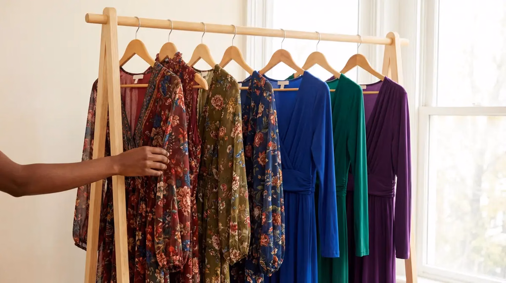 Dresses in various sizes on a boutique rack