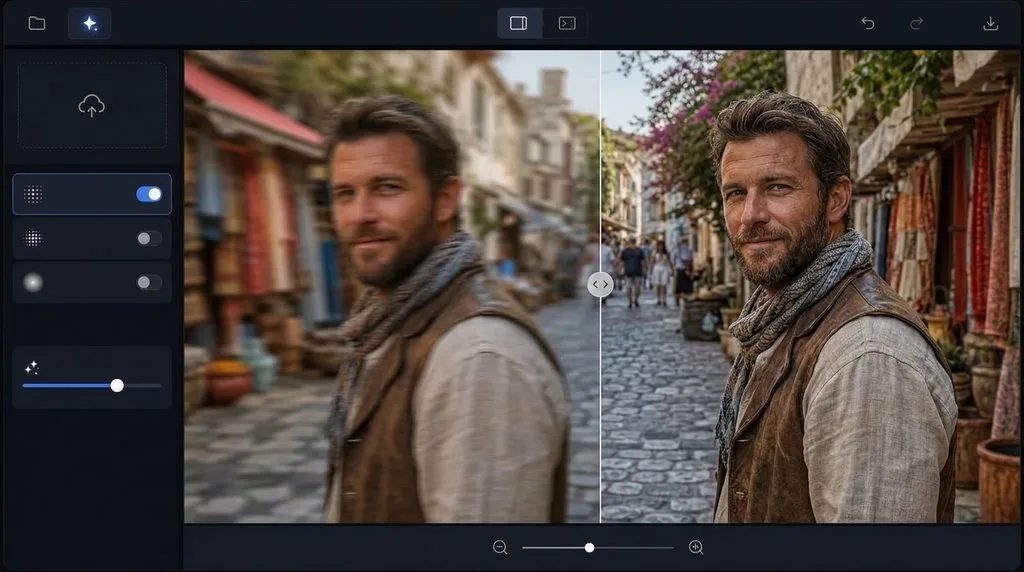 AI sharpening interface with before-after slider on a travel portrait