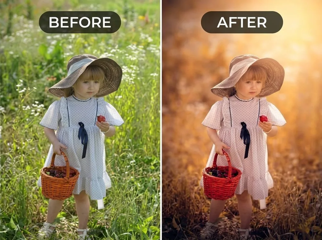 Before and after child portrait with warm golden background blur