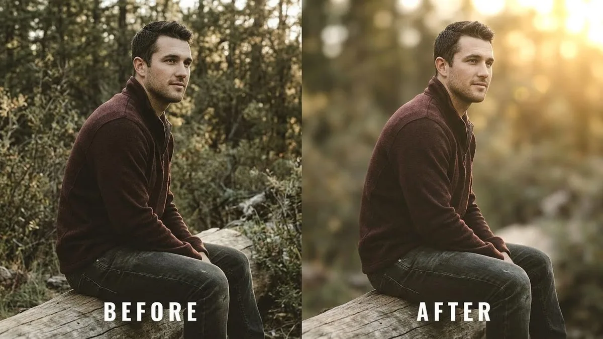 Before and after portrait background blur in Photoshop — sharp subject, soft bokeh background