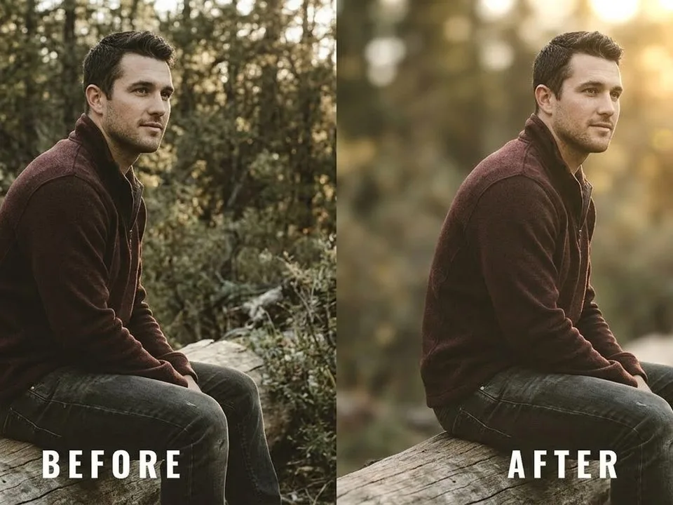 Before and after portrait background blur in Photoshop — sharp subject, soft bokeh background