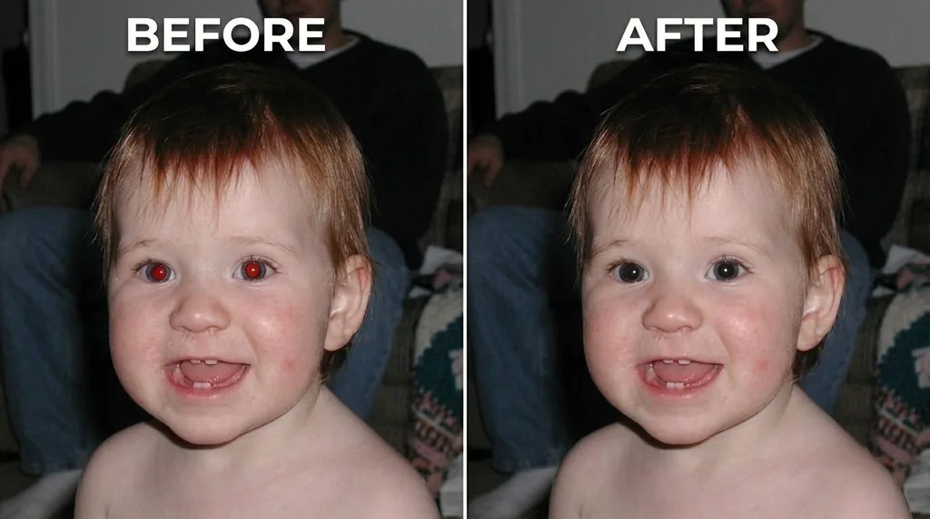 Before and after red eye removal on a child's portrait