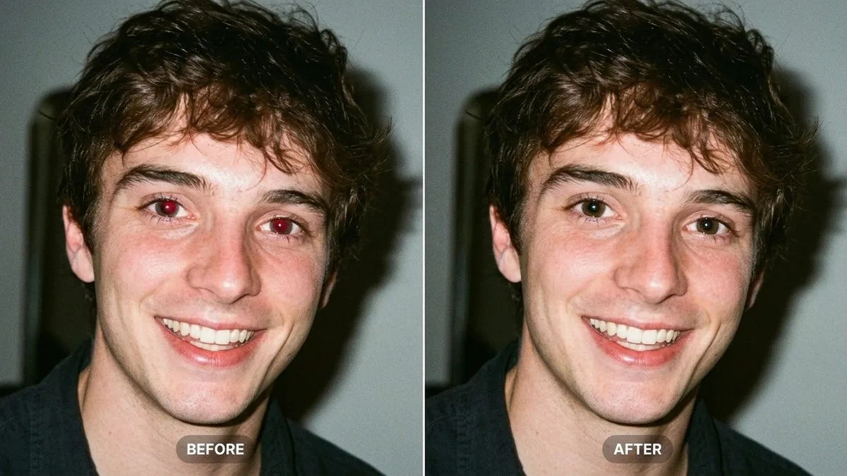Before and after red eye removal on a man's flash portrait