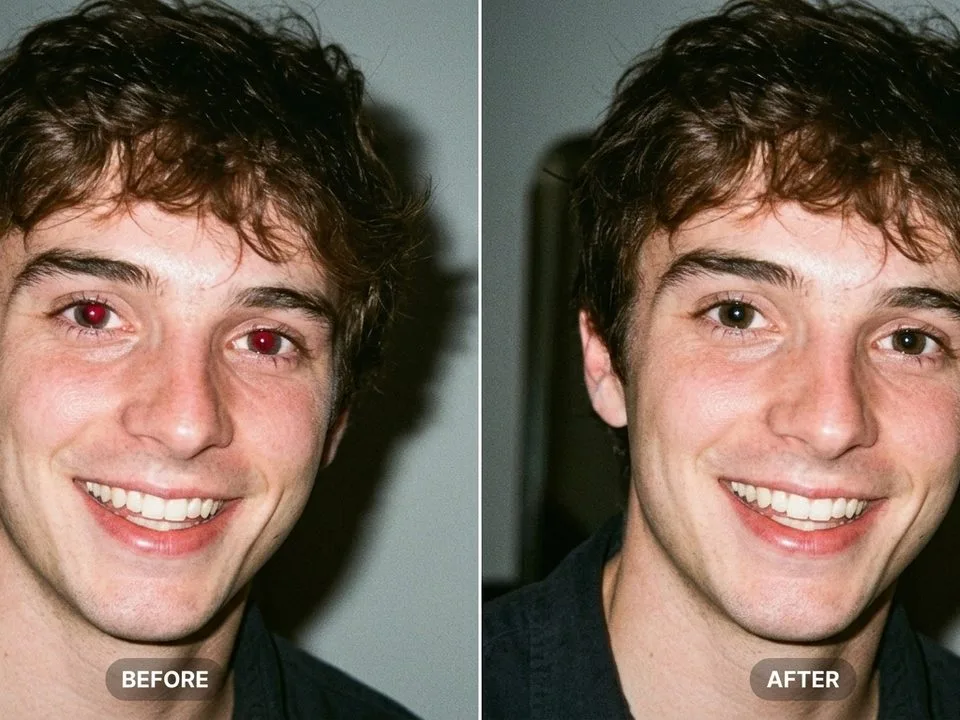 Before and after red eye removal on a man's flash portrait