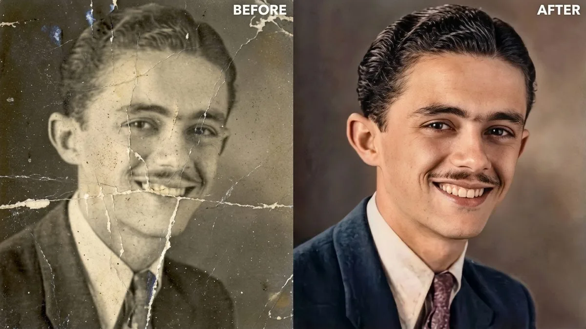 Before and after scratched and torn portrait fully restored