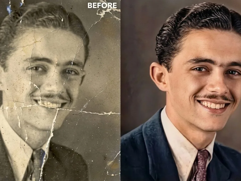 Before and after scratched and torn portrait fully restored