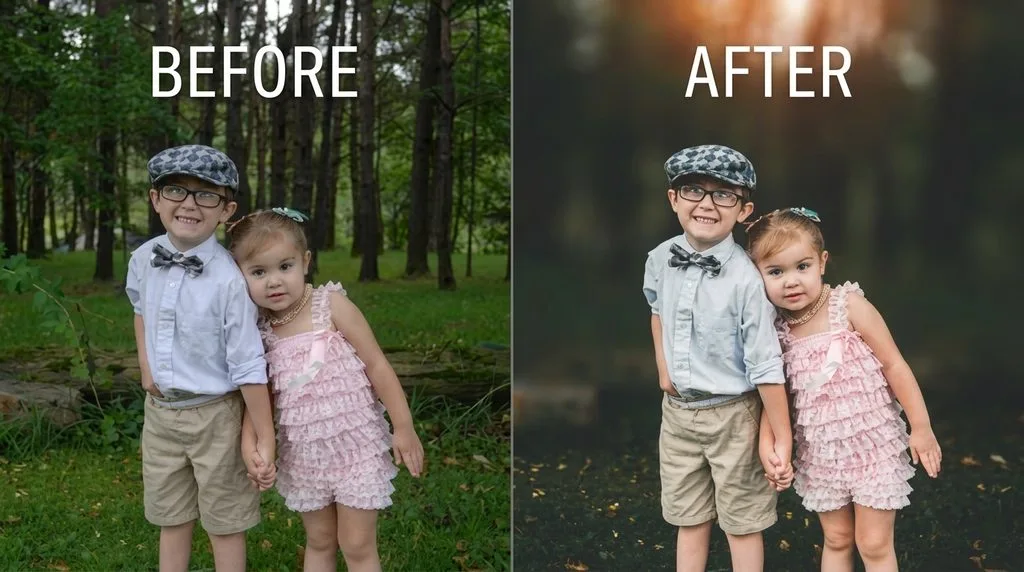 Before and after two-child portrait with soft blurred background and vignette edges