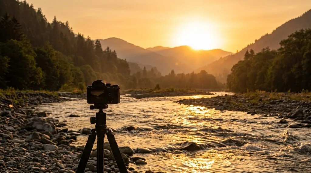 Camera on tripod capturing a mountain river landscape at golden hour
