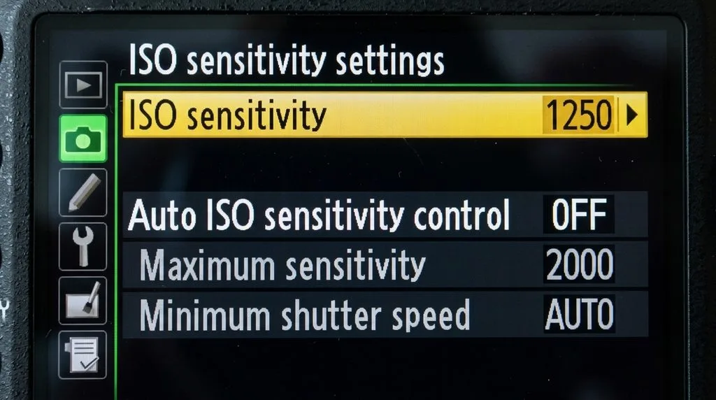 Camera screen showing Auto ISO menu: base ISO, max ISO, minimum shutter speed