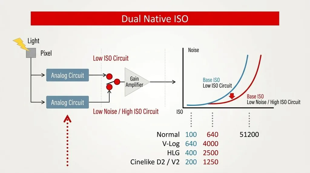 Dual native ISO curve diagram showing two noise dips at base and second native ISO