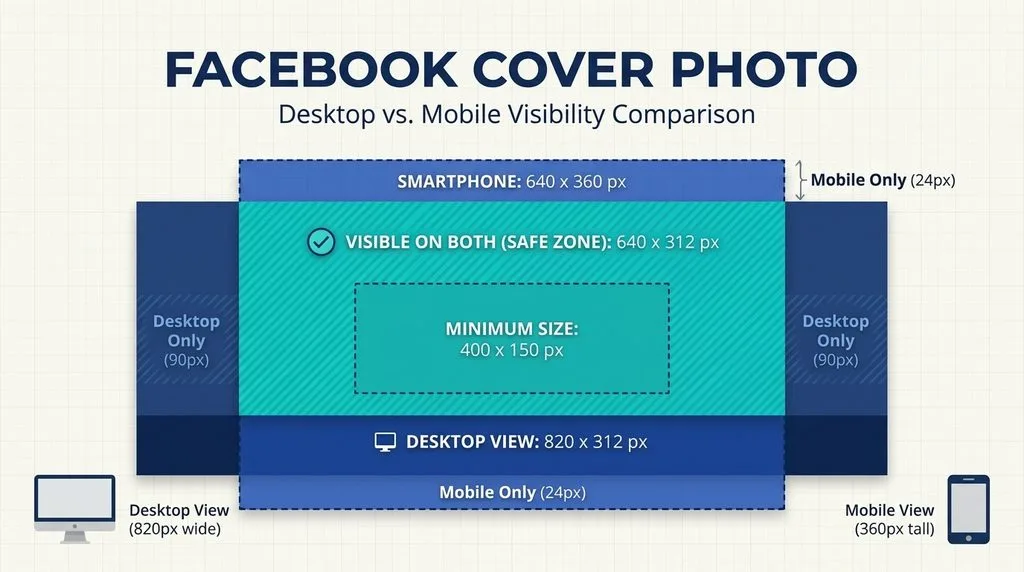 Facebook cover photo desktop vs mobile display comparison — 820x312 vs 640x360