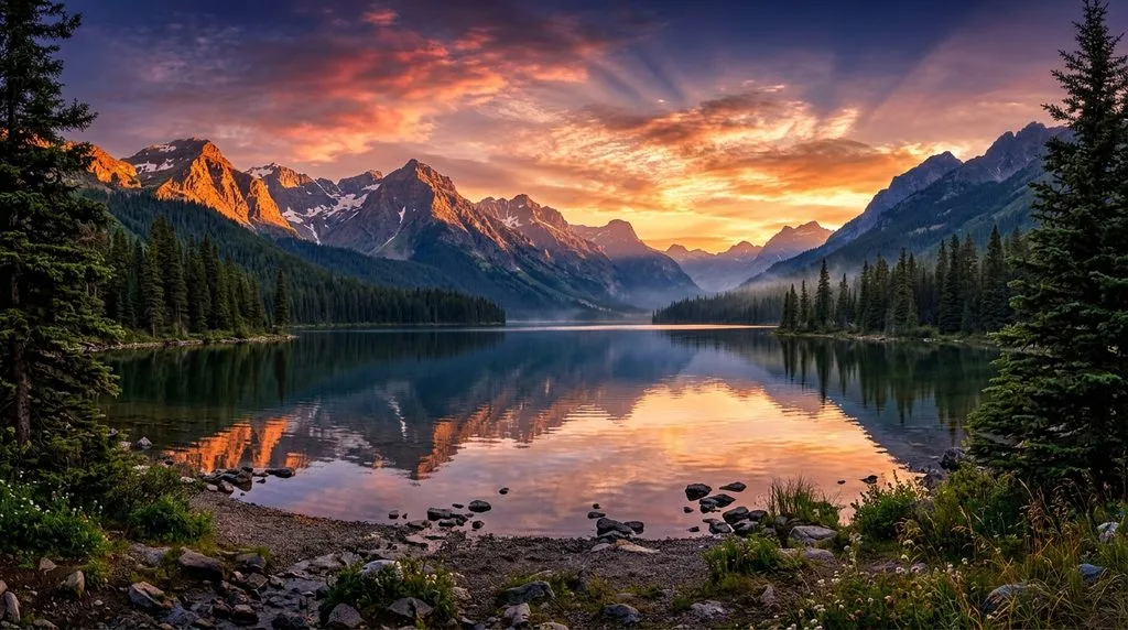 High dynamic range mountain landscape with lake reflection at sunset