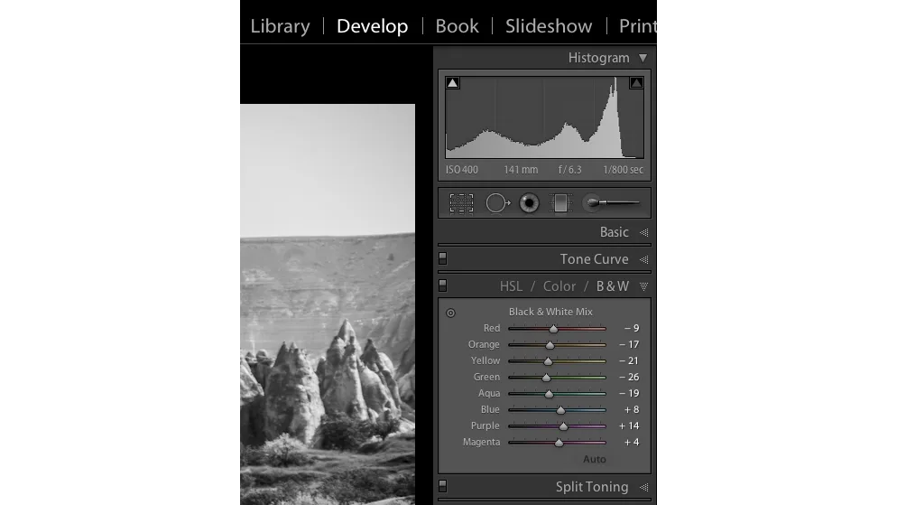 Lightroom Black & White Mix panel — the eight color sliders that make a conversion look three-dimensional