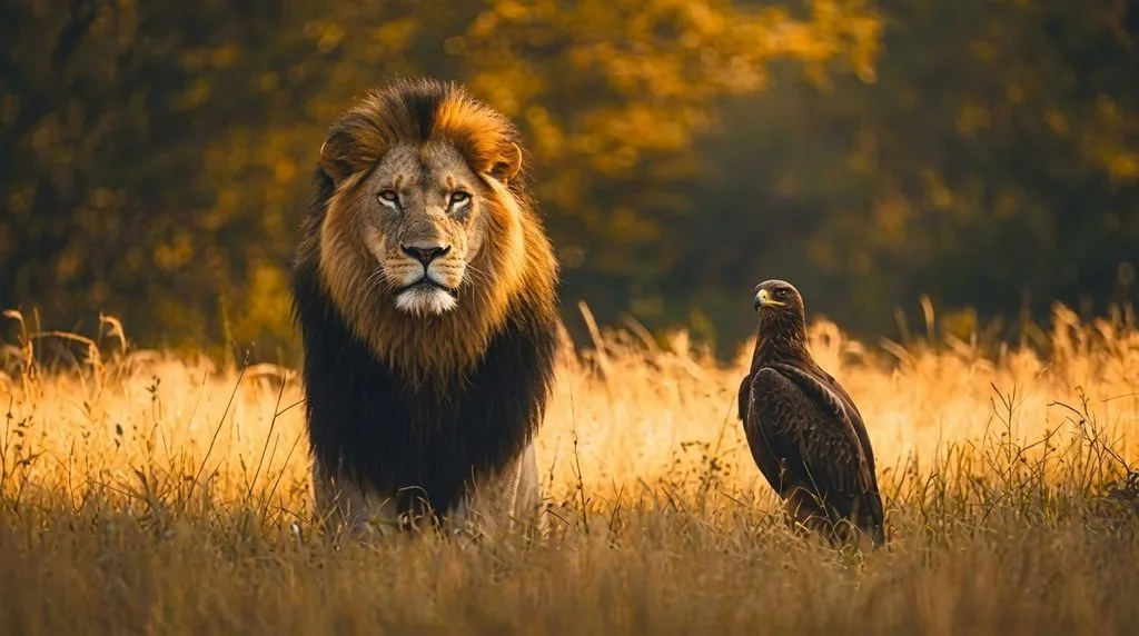 Lion in golden savanna light shot with telephoto lens
