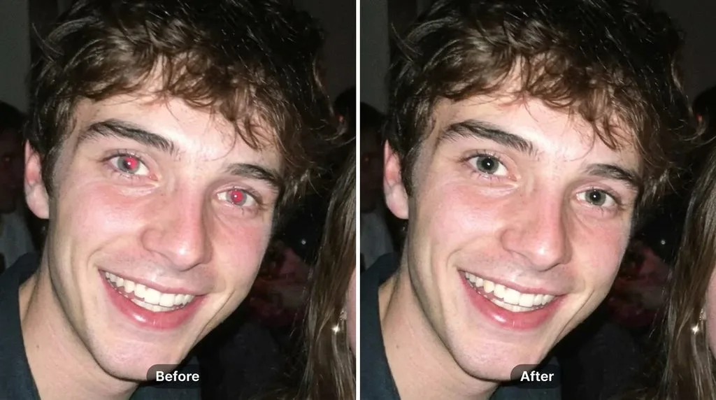 Photoshop Red Eye Tool before and after on a man's portrait