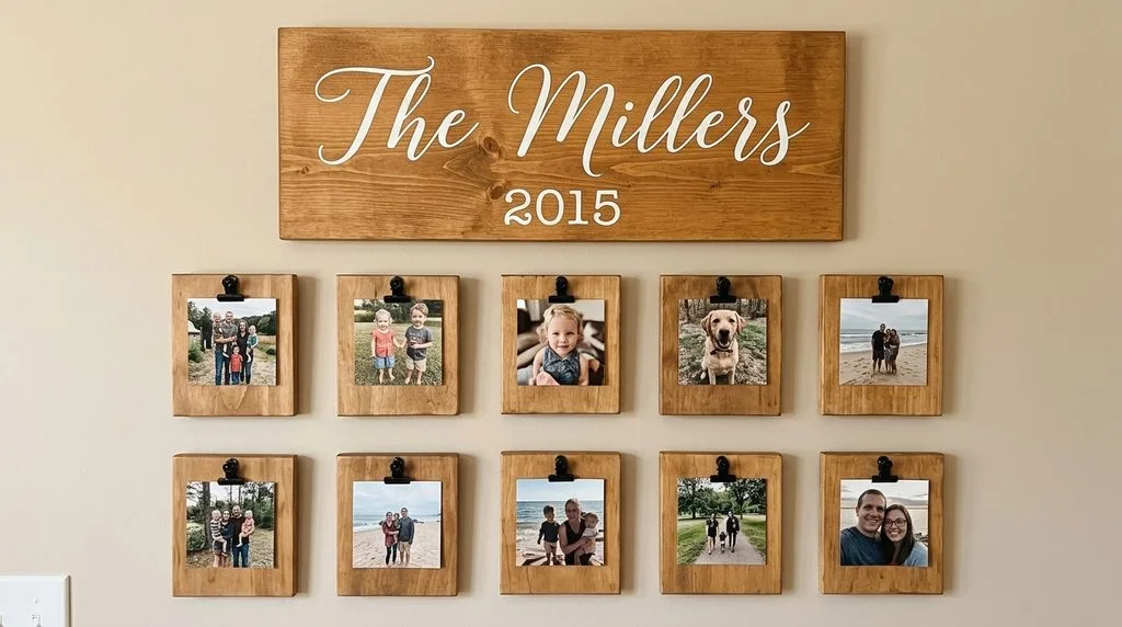 Polaroid-style frames arranged on rustic wood — the classic physical-print display
