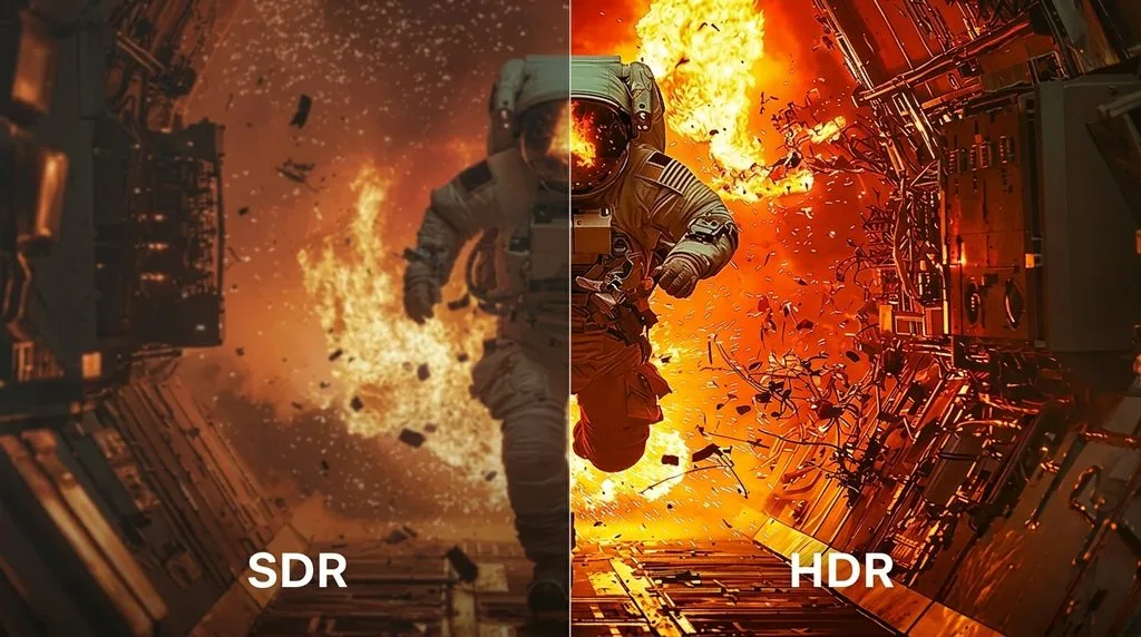 SDR vs HDR movie scene showing astronaut with explosion — HDR side has vivid brightness