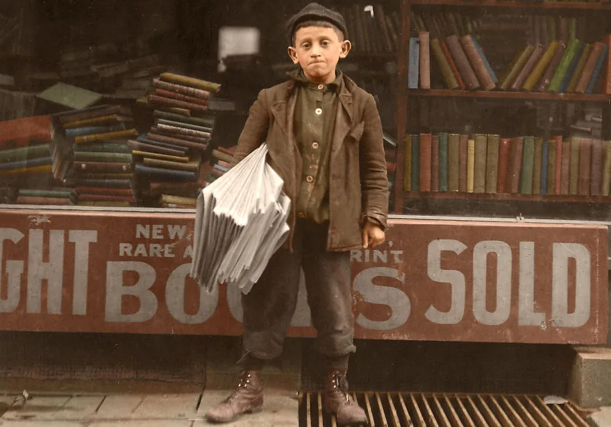 Vintage sepia newsboy photograph, c. 1909 — sepia toning was originally for preservation, not style