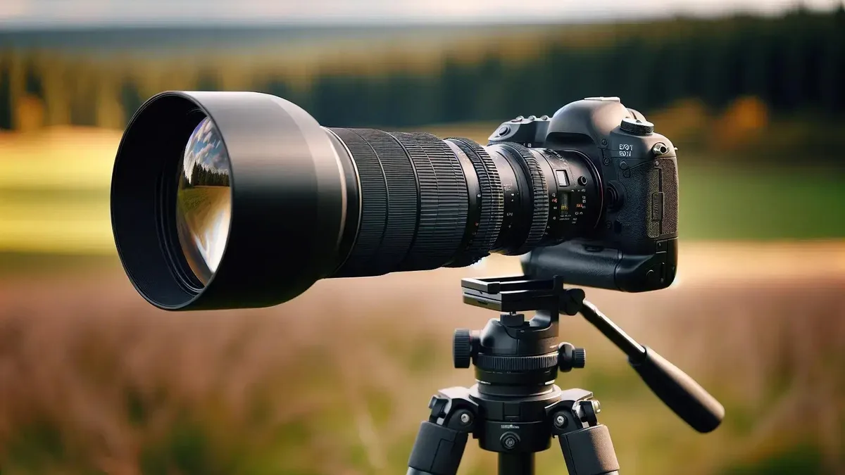 Professional telephoto lens on DSLR mounted on a tripod