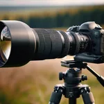 Professional telephoto lens on DSLR mounted on a tripod