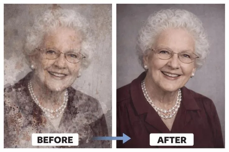 Before and after: water-damaged elderly portrait restored to clean tones
