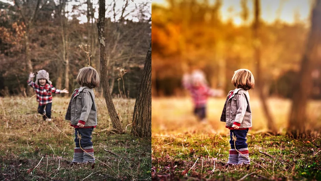 Before and after outdoor portrait with DSLR-style background blur applied in Photoshop