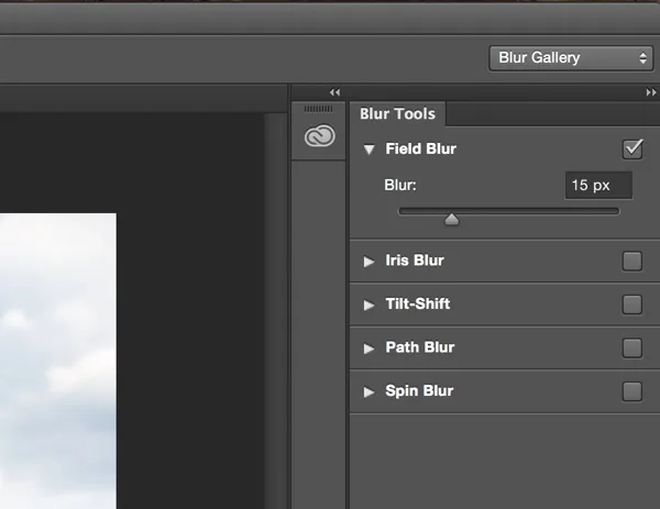 Photoshop Blur Gallery panel showing Field Blur, Iris Blur, Tilt-Shift options
